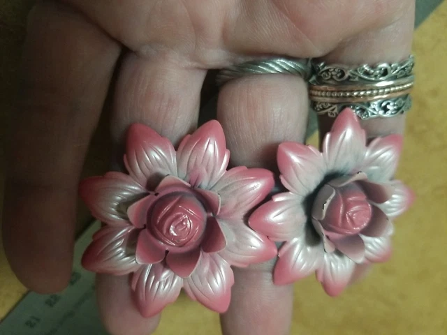 Vtg Pair Pink Enameled Metal Flower Push Pin Tacks Curtain Drapery Tie Backs 3