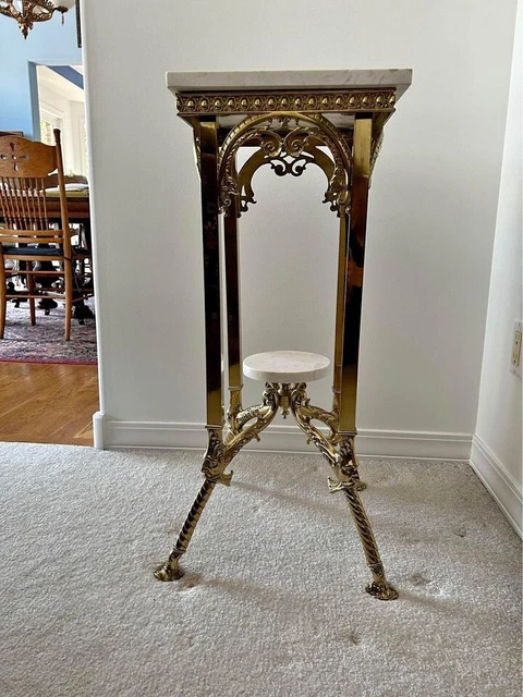 Antique Vintage North Wind 4 Face Polished Brass & Marble Stand, Table, Pedestal
