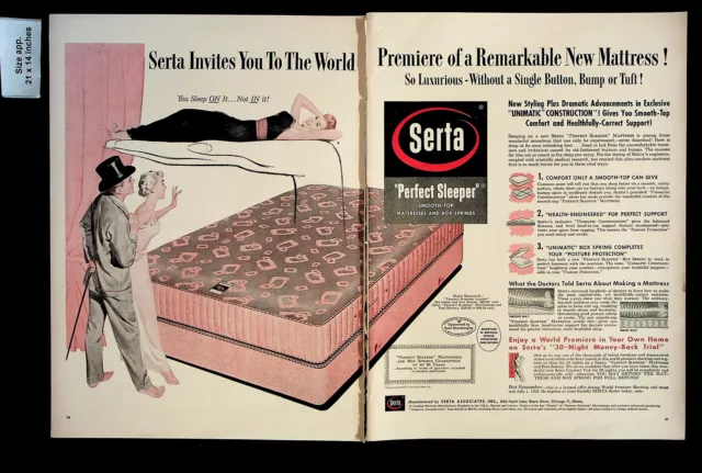 1955 Serta Perfect Sleeper Smooth-Top Mattress Box Spring Vintage Print Ad 33601