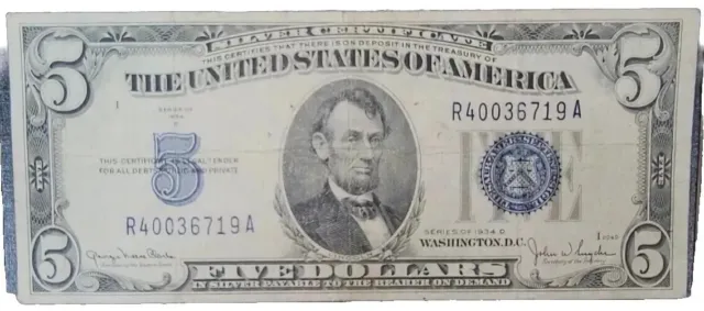 Silver Certificate Blue Seal 1934D Series $5 Dollar Note