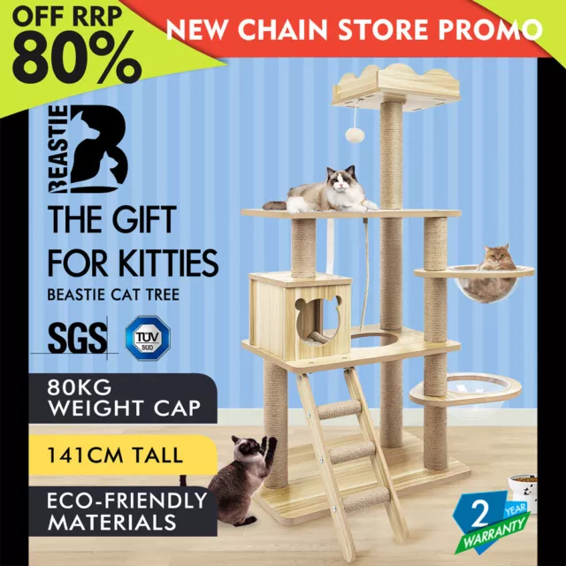 BEASTIE Cat Tree Tower Scratching Post Wood Scratcher Condo House Bed 141cm