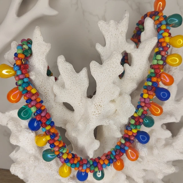 Statement vintage rainbow glass necklace raindrops teardrop beads multicolour