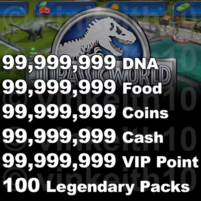 Jurassic World The Game Builder IOS Android DNA Food Coins Cash VIP 100 Packs