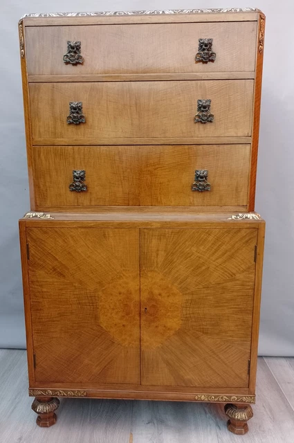 Antique Art Deco Tallboy Queen Anne Revival Gilt Carving Drawers & Cupboard