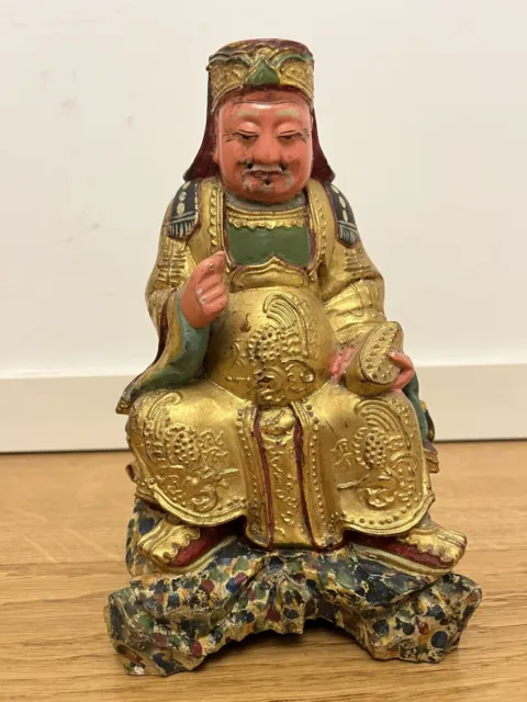 Vecchia scultura cinese in legno, Tu Di Dong o dignitario di corte Tibet taoista