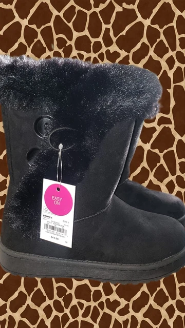 Black Faux Fur Trim Button Mid-Calf Winter Boots Girls Youth 2