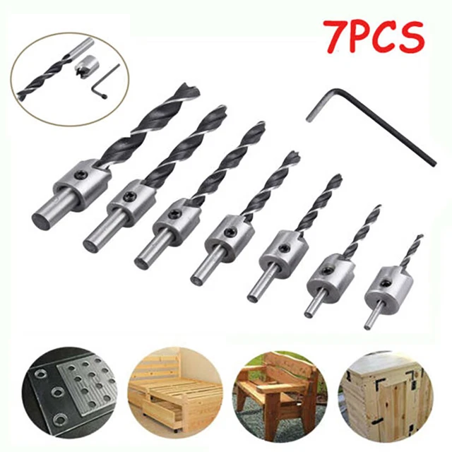 7 PCS WOOD Chamfer Countersink Drill Bit Kit Set Tool Carpentry 3mm ...