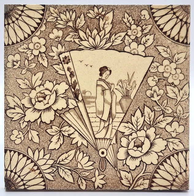 Antique Fireplace Tile Aesthetic Japanesque Transfer Printed Malkin Edge C1895