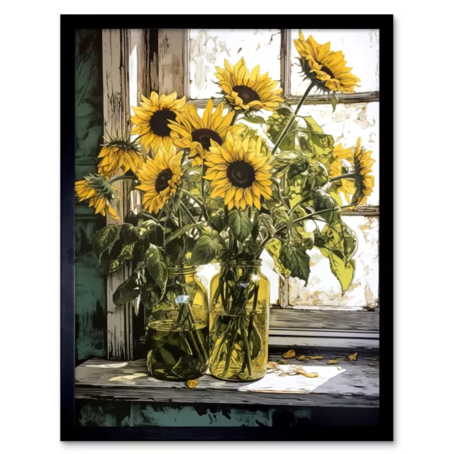 Sunflowers Still Life Watercolour Yellow Flower Farmhouse Framed Art 9X7