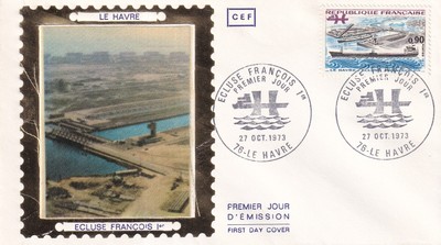 EN ESPAGNOL Lee FEUILLET CEF 1er JOUR FRANCE LE HAVRE ÉCLUSE FRANCOIS 1er 1973 