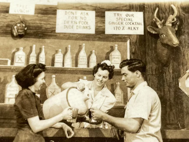 T8 RPPC Photo Postcard Bar Group Enjoying Moonshine From Clay Jug 1930-40's