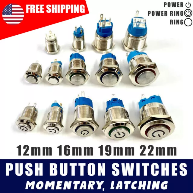 Metal Push Button Switch 12/16/19/22mm Momentary Latching High Head Car Boat LED