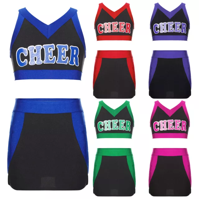 Kids Girls Cheerleading Outfit Performance Uniform Color Block Sleeveless Set 3