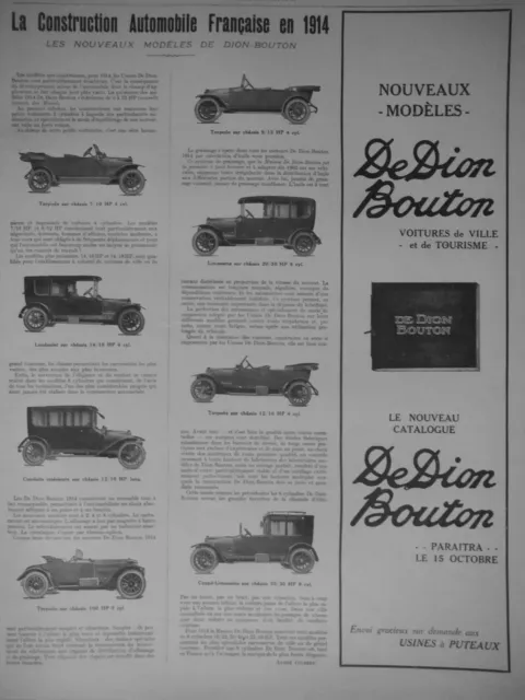 Publicité Presse 1913 Modèle Voitures De Dion-Bouton Torpédo Landaulet Limousine
