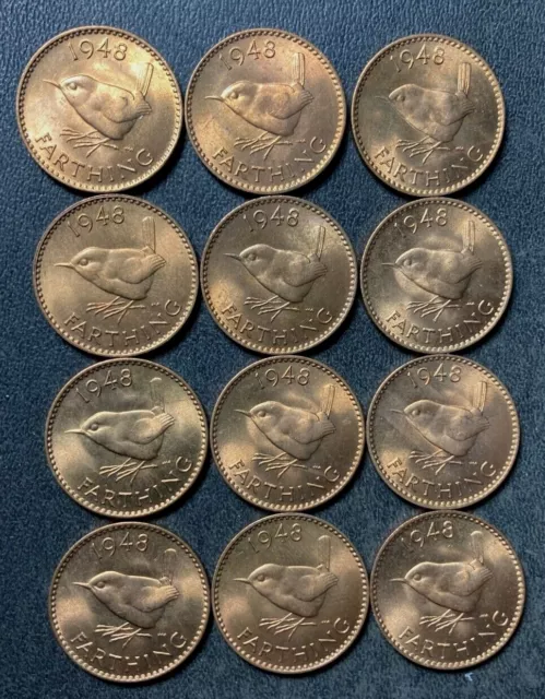 Vintage Great Britain Coin Lot - 1948 - FARTHINGS - 12 Uncirculated Coins - D6