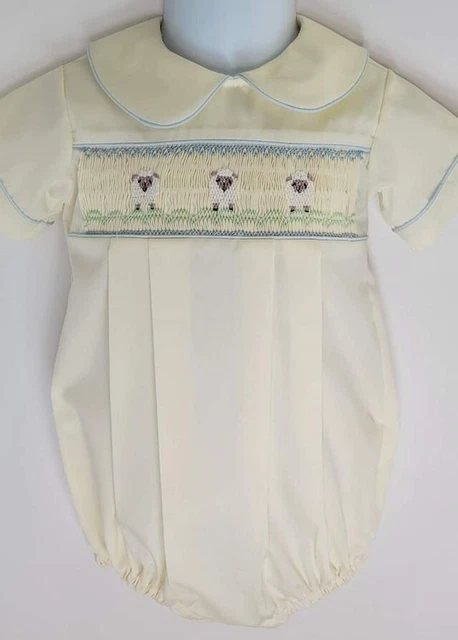 Boys Hand Smocked bubble w/ Lambs 3 months EASTER Pale Yellow Blue Piping Sheep