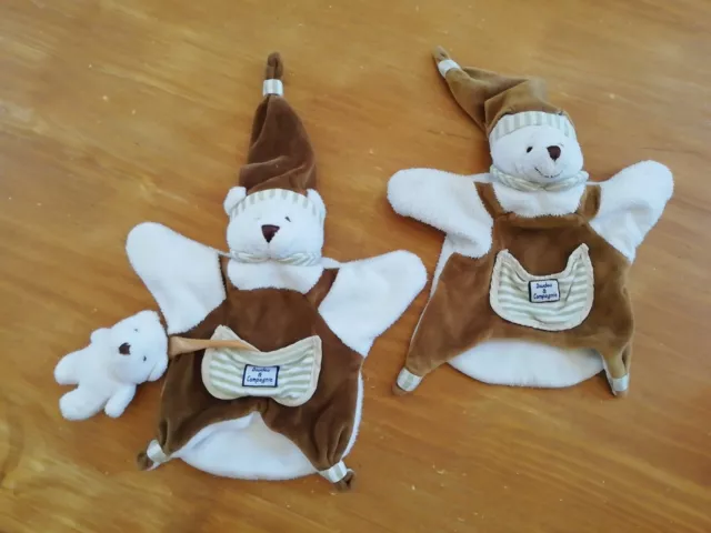 Lot 2 Doudou Et Compagnie Ours Plat Blanc Marron Marionnette Avec Bébé Ourson