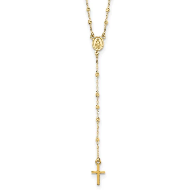 14k Yellow Gold Polished & Diamond-cut with 3in ext. Rosary Necklace 2.86g