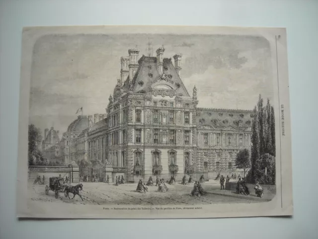 1867 Engraving. Paris. Restoration Of The Palace Of Tuileries. Flag View