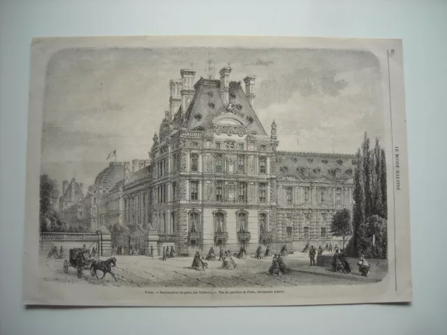 Gravure 1867. Paris. Restauration Du Palais Des Tuileries. Vue Prise Du Pavillon