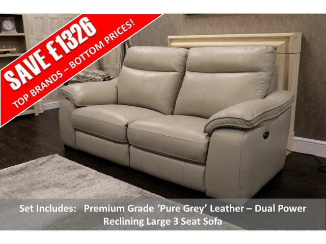 Metro Prima New! Pure Grey’ Leather Dual Power Reclining Large 3 Seat Sofa