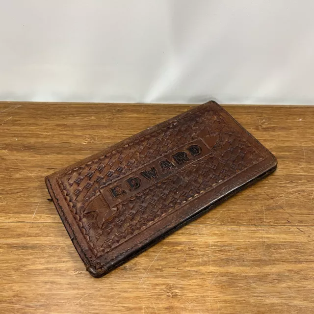 Vintage Hand Tooled Genuine Leather Wallet Basketweave Oak Leaf Acorn Edward