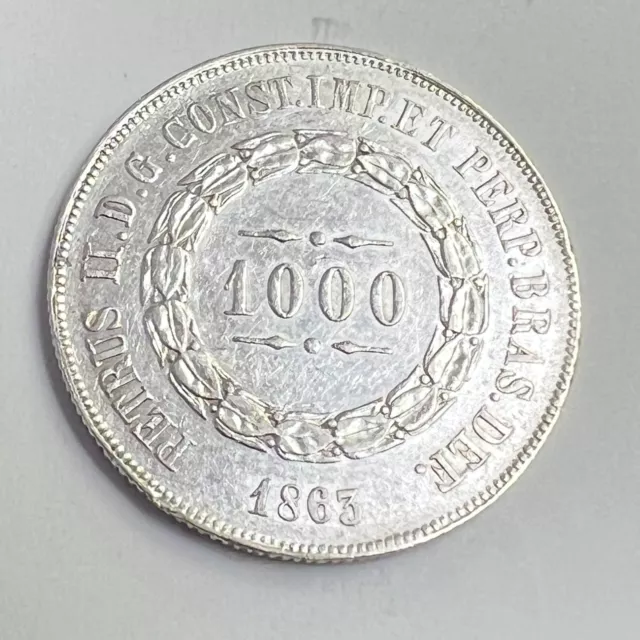 1863 Brazil 1000 Reis silver, Pedro II, KM#465, XF+/AU