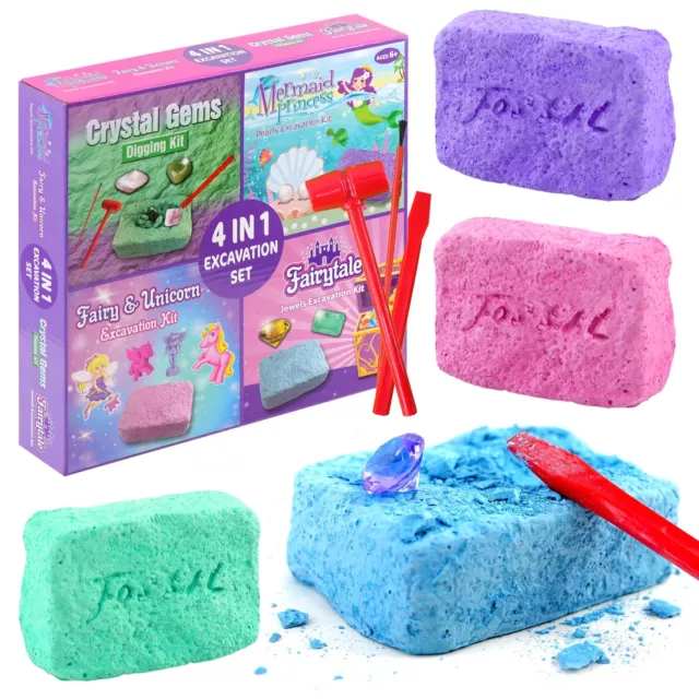 4 in 1 Girls Excavation Kit Mining Kit Dig Your Rock Gems Pearls Jewels Digging