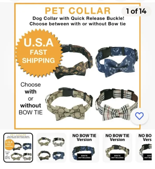 Luxury Fashion BOW Tie Dog Cat Collar w/ Quick Release and Leash Set, Designer