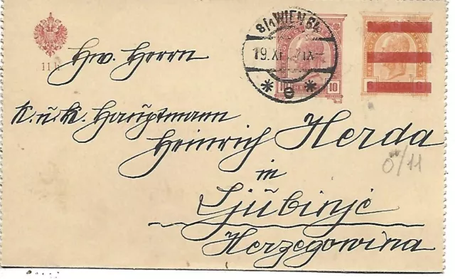 1907 Austria Postal Stationery Card Cover From Wien To Bosnia Herzegovina