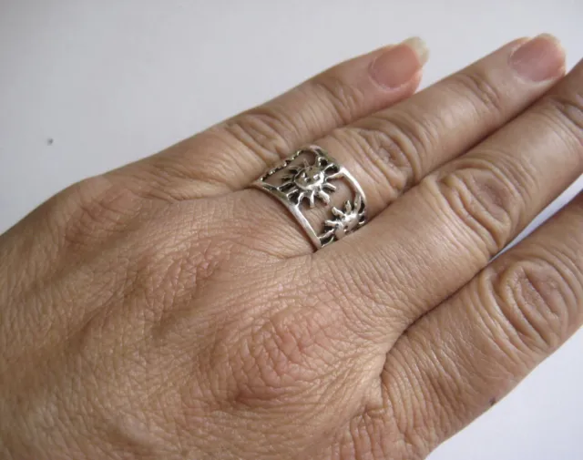 Mexican 925 Silver Taxco Etched Cut Out Triple SUN Ring Wide Band Size to Choose