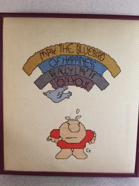 Imagen enmarcada de punto de cruz vintage de Ziggy "MAY THE BLUEBIRD OF HAPPINESS