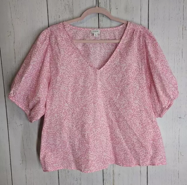 Jcrew Size XL Pink Floral Puff Sleeve Cotton V Neck Womens Casual Blouse