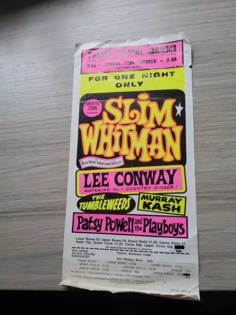 American Pop Music Theatre Flyer 1971,Manchester Palace,Slim Whitman,Lee Conway,