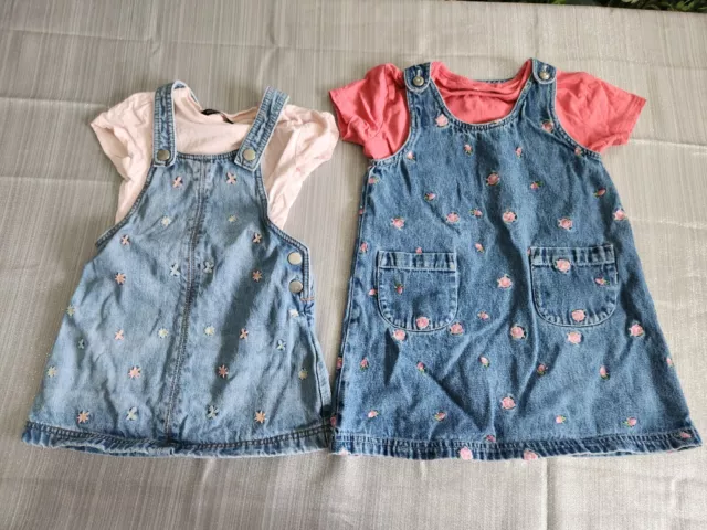 Girls age 2-3 Clothes Bundle Denim Dungaree Dress x2 4 items