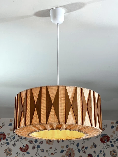 Ancienne Suspension Scandinave NaturelToile de Jute et Bois Vintage Bohème 70's