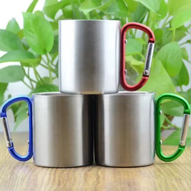 Outdoor Camping Double Wall Cup Stainless Steel Coffee Mug Carabiner Hook