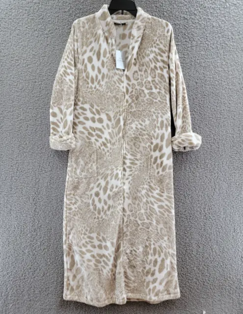 Natori Animal Print Plush Zip Caftan Robe Women's S Sand Taupe Long Sleeves~