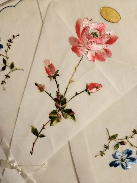 Vintage Embroidered Floral Handkerchief Set Sheer Cotton Organdy Switzerland
