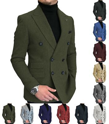 Elegant Woollen Men Double-Breasted Suit Tweed Jackets Wedding Blazer Notch Coat