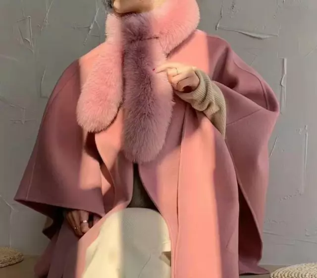 Womens Winter Real Wool Double Cashmere Cloak Fox Fur Collar Cape Coats Outwear