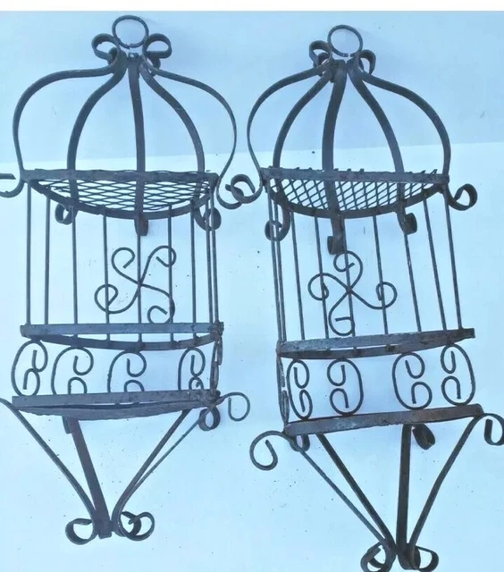 Scrolled Wrought? Iron Wall Hanging Half Bird Cage Sconces Ornate Rusty set of 2