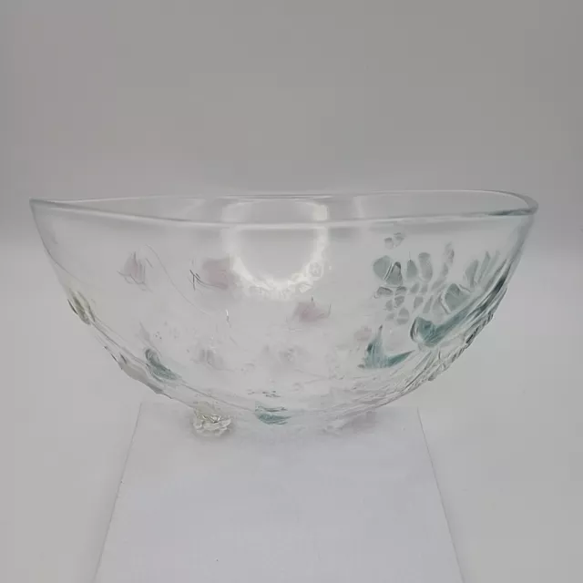 Large Glass Bowl Floral Design in Relief Colorful 9" Diameter 4.25" Tall