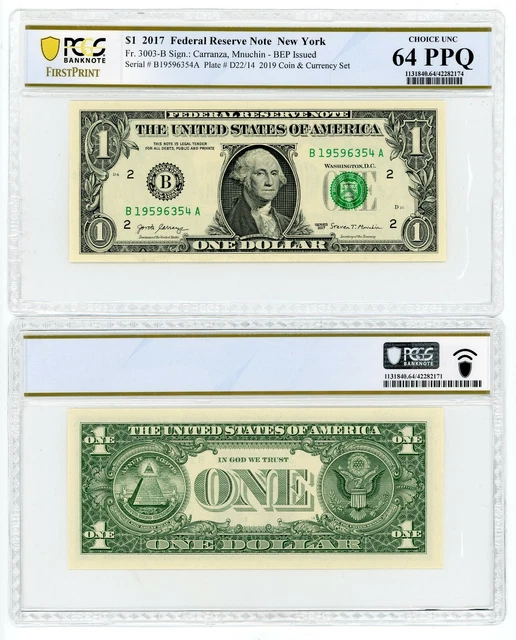 2017 Federal Reserve Note $1 New York Pcgs Choice Unc 64 Ppq