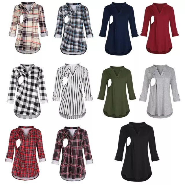 Maternity T-shirt Plaid Blouse Pregnancy Women Nursing V Neck Long Sleeve Casual