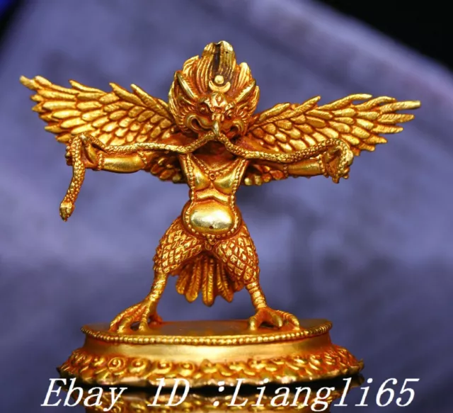 3.9" Bronze Gilt Redpoll Fly Winged Garuda Vogel Adler Buddha Statue