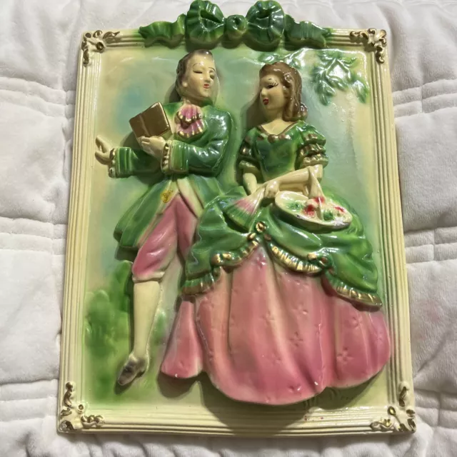 Vtg Chalk Ware Wall Art Colonial Courting Couple  3 D plaster Victorian Poetry