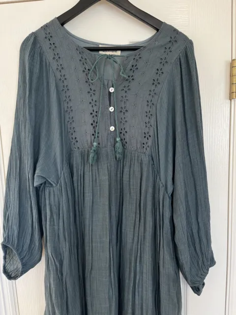 Sage Green Size Large Crinkle Boho Tie Neck Eyelet Front Dress Flowy Long Sleeve