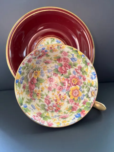 Vintage 1951 Royal Winton Grimwades Chintz Teacup and Saucer  Burgandy Cheadle