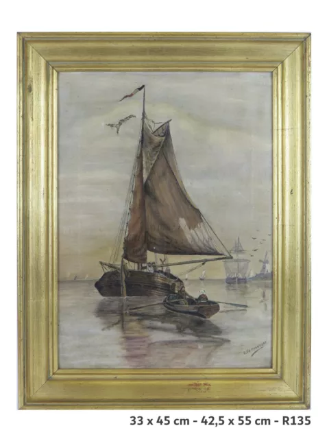 Tableau Ancienne Peinture Huile sur Toile Marine Mer Bateaux Signé De Poortere